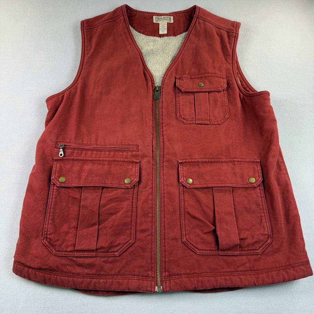 Duluth Trading Co Work Vest Mens Fleece Lined Canvas Utility Red XL Tall